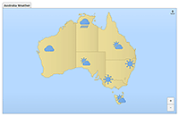 A weather map with icon markers at specific x,y coordinates.